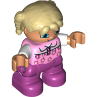 Duplo Figure Child with Pigtails Tan, with Bright Pink Top with Flowers and White Sleeves - Magenta Legs Bright Pink