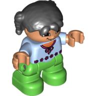 Duplo Figure Child with Pigtails Black, with Bright Green Legs Bright Light Blue
