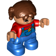 Duplo Figure Child with Pigtails Reddish Brown, with Red Top Under Blue Overalls with Yellow Flower in Pocket, Blue Legs Red