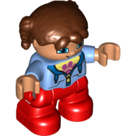 Duplo Figure Child with Pigtails Reddish Brown, with Medium Blue Jacket over Shirt with Pink Flower - Red Legs Mittelblau