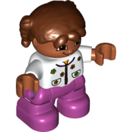 Duplo Figure Child with Pigtails Reddish Brown, with Magenta Legs, and Shirt with Flowers Print White
