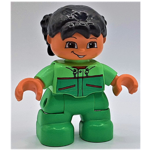Duplo Figure Child with Pigtails Black, with Bright Green Legs, Jacket with Pockets Print Mittelgrün