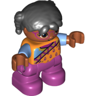 Duplo Figure Child with Pigtails Black, with Bright Light Orange Top with Light Blue Sleeves - Magenta Glasses - Magenta Legs Bright Light Orange
