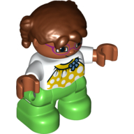Duplo Figure Child with Pigtails Reddish Brown, with Yellow Halter Top with White Dots and Blue Bow over White Long Sleeve Top - Medium Nougat Face with Magenta Glasses - Green Legs White