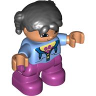 Duplo Figur Kind mit Zöpfen schwarz, mit magentafarbenen Beinen, Jacke über hellgelbem Shirt mit Pfotenabdruck