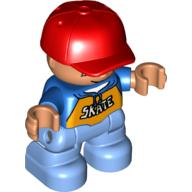 Duplo Figure Child with Cap Red, with Blue Shirt with 'SKATE' print - Freckles - Medium Blue Legs Blau