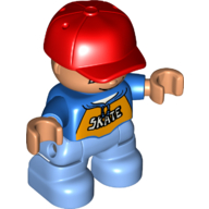 Duplo Figure Child with Cap Red, with Blue Shirt with 'SKATE' print - Medium Blue Legs Blue