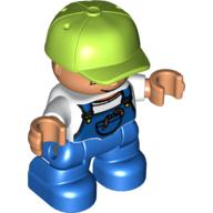 Duplo Figure Child with Cap Lime, with White Shirt under Blue Coveralls with worms in Pocket - Blue Legs Weiß