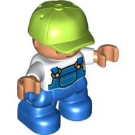 Duplo Figure Child with Cap Lime, with White Shirt under Blue Coveralls with Pocket - Freckles - Blue Legs Weiß