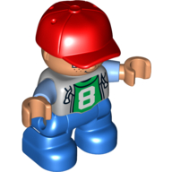 Duplo Figure Child with Cap Red, with Light Bluish Gray Top with Medium Blue Sleeves over Green Shirt with '8' - Nougat Face and Hands - Blue Legs Light Bluish Gray
