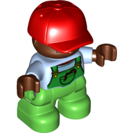 Duplo Figure Child with Cap Red, with Light Bright Blue Shirt under Green Coveralls - Dark Brown Face and Hands - Bright Green Legs Bright Light Blue