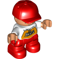 Duplo Figure Child with Cap Red, with White Shirt with 'SKATE' Print - Red Legs