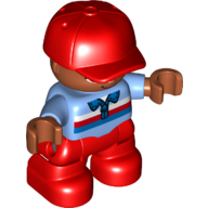 Duplo Figure Child with Cap Red, with Medium Blue Shirt with White Red Blue Stripes - Medium Nougat Face and Hands - Red Legs Medium Blue
