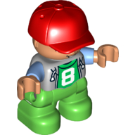 Duplo Figure Child with Cap Red, with Light Bluish Gray Top with Medium Blue Sleeves over Green Shirt with '8' - Nougat Face and Hands - Green Legs Light Bluish Gray