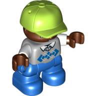 Duplo Figure Child with Cap Lime, with Light Bluish Gray Sweater and Tie over White Shirt - Dark Brown Face - Blue Legs Hellblaugrau