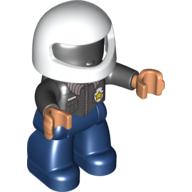 Duplo Figure with Helmet White, with Dark Blue Legs, Black Top with Police Badge, Black Arms, Nougat Hands Black