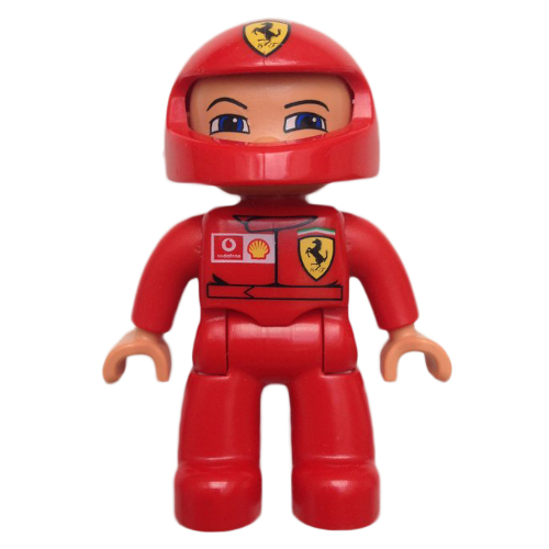 Duplo Figure with Helmet, Red Legs, Nougat Hands, Ferrari, Vodaphone, and Shell Logos Print Red