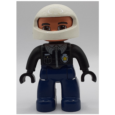 Duplo Figure with Helmet White, with Dark Blue Legs, Black Top with Police Badge, Black Arms and Hands Schwarz