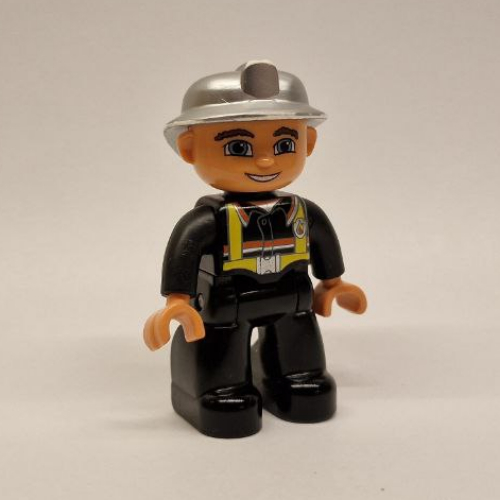 Duplo Figure with Fireman Helmet Silver, and Nougat Face and Hands Schwarz