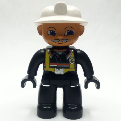 Duplo Figure with Fireman Helmet White, and Gray Mustache, Black Hands Black