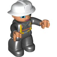 Duplo Figure with Fireman Helmet White, Black Legs, Nougat Face and Hands, Pink Lips and Blue Eyes Print Schwarz