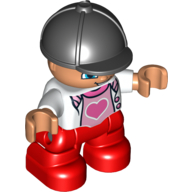 Duplo Figure Child with Riding Helmet Black, with White Top over Pink Shirt with Heart - Red Legs White