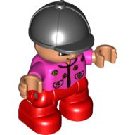 Duplo Figure Child with Riding Helmet Black, with Red Legs, Dark Pink Top with Flowers Dark Pink