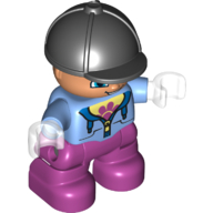 Duplo Figure Child with Riding Helmet Black, with Medium Blue Jacket over Shirt with Flower Print - Dark Pink Legs Medium Blue