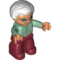 Duplo Figure with Hair with Side Parting Very Light Gray, with Dark Red Legs, Sand Green Sweater, Green Eyes, Glasses Sandgrün