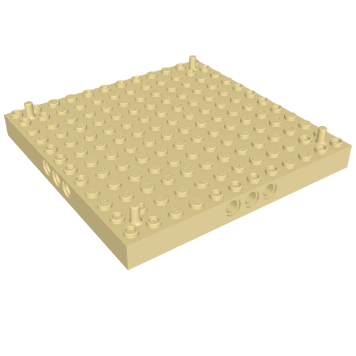 Brick Special 12 × 12 with 3 Pin Holes on Each Side and Vertical Peg at Each Corner Tan