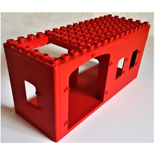 Duplo Building 6 × 16 × 6, Front Double Doors and Two Windows, Left Window, and Right Door Openings, Top Sliding Trap Door Rot