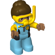 Duplo Figure with Hair in a Bun Dark Brown, Medium Azure Diving Suit, Yellow Arms, Yellow Diving Mask Medium Azure