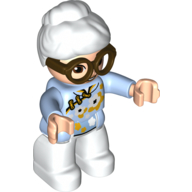 Duplo Figure with Hair in a Bun White, White Legs, Flowers Print, Dark Brown Glasses Bright Light Blue