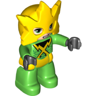 Duplo Figure with Helmet with 5 Points, Bright Green Legs, Yellow Belt, Crossed Yellow Lightning Bolts on Chest (Electro) Hellgrün