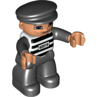 Duplo Figure with Cap Black, with Black Legs, Black and White Striped Top with '62019', Black Arms (Prisoner)