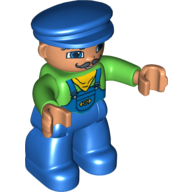 Duplo Figure with Cap Blue, with Blue Legs, Green Top with Yellow Scarf, and Curly Mustache Print (Train Engineer) Hellgrün