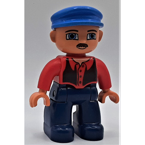 Duplo Figure with Cap Blue, Dark Blue Legs, Black Vest, Mustache Print Red