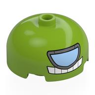 Brick Round 3 × 3 Dome with Center Stud with Silver Visor, Bright Light Blue Lens, White Teeth print Lime
