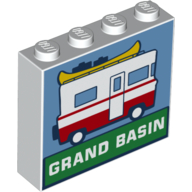 Brick 1 × 4 × 3 with Red/White RV, Medium Blue Background, White On Green 'Grand Basin' White
