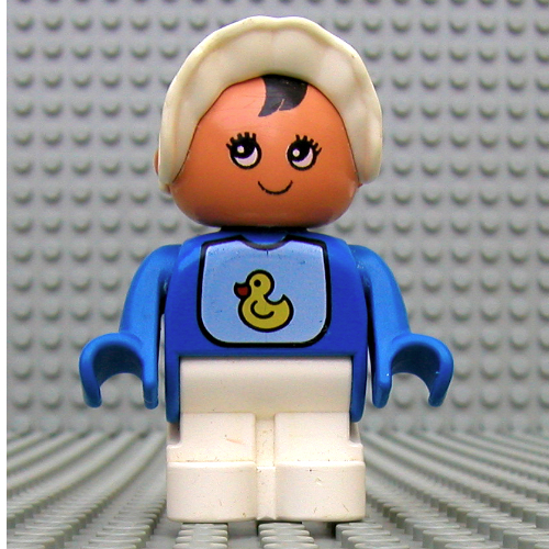Duplo Figure, Early with Joined Legs, with White Legs, Duck Bib Print, Black Hair, and White Bonnet (Baby) Blue