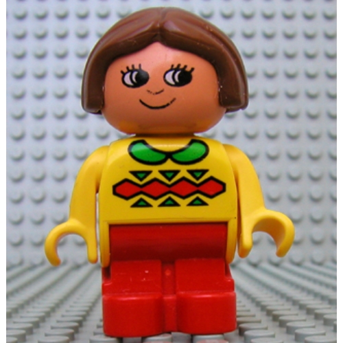 Duplo Figure, Early with Joined Legs Red, with Red and Green Geometric Print, Green Collar, and Brown Hair Yellow