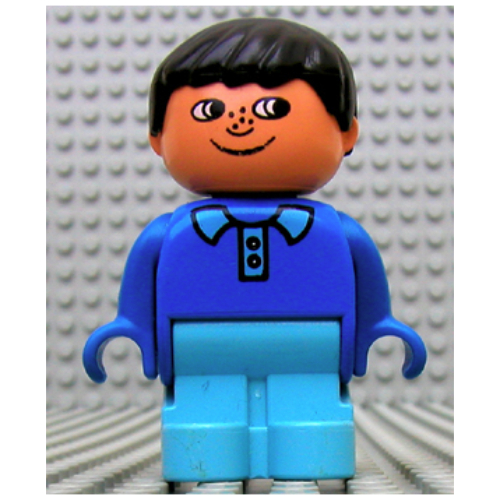 Duplo Figure, Early with Joined Legs Light Blue, with Light Blue Collar, Freckles, and Black Hair Blue