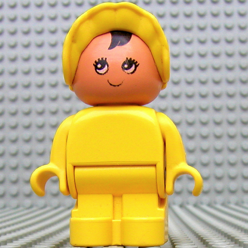 Duplo Figure, Early with Joined Legs, with Yellow Legs, Black Hair, and Yellow Bonnet (Baby) Yellow