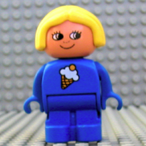 Duplo Figure, Early with Joined Legs Blue, with Ice Cream Cone Print, and Yellow Hair Blue