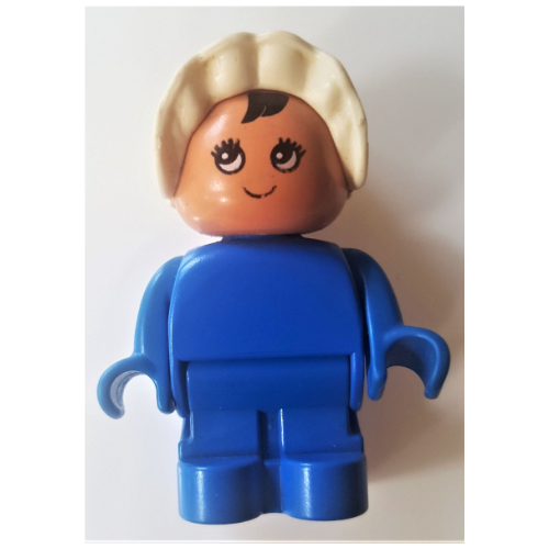 Duplo Figure, Early with Joined Legs, Blue Legs and Body, White Bonnet (Baby) Blue