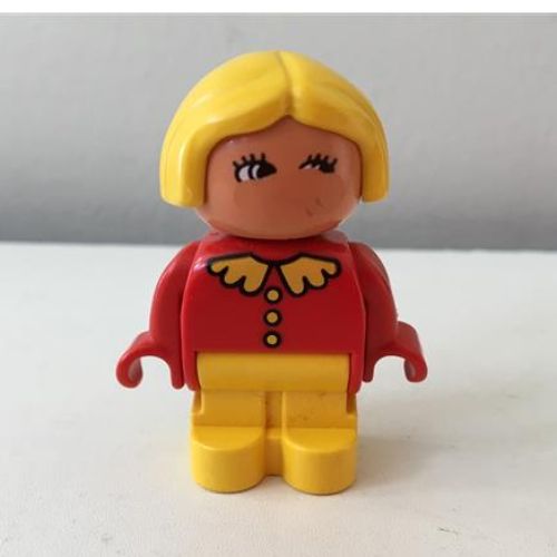 Duplo Figure, Early with Joined Legs Yellow, Red Top with Collar And 3 Buttons, Yellow Hair, White in Eyes Print Red