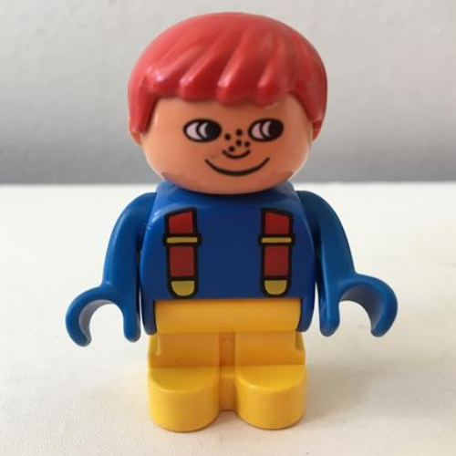 Duplo Figure, Early with Joined Legs Yellow, Blue Top with Red Suspenders, Red Hair, Freckles, White in Eyes Print Blau