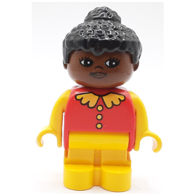 Duplo Figure, Early with Joined Legs Yellow, Yellow Collar, Buttons, Arms and Hands, Black Hair Rot