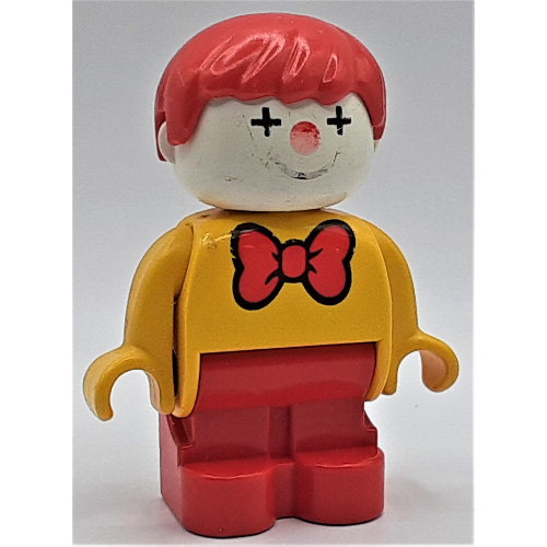 Duplo Figure, Early with Joined Legs Red, Red Bow Tie, Clown Facepaint Print Gelb
