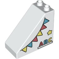 Duplo Brick 4 × 2 × 3 Slope 45° with 'ABC', and Azure, Coral, and Yellow Bunting Print Weiß
